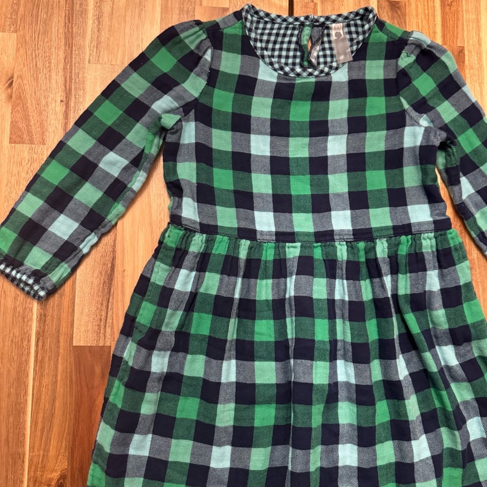 Primary Kids Green Navy Blue Buffalo Check‎ Flannel Dress Long Sleeve Cotton 6-7